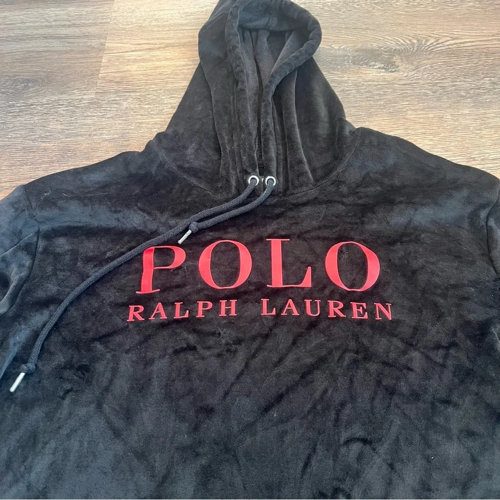 Polo Ralph Lauren Black Velour Hoodie Men’s Medium Pullover Logo Lounge Comfy